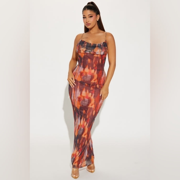 Fashion Nova Dresses & Skirts - NWT Chain Reaction Mesh Maxi Dress - Rust/combo